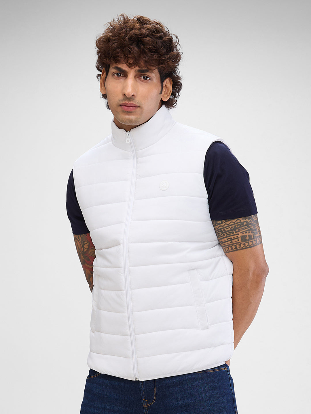 Spykar White Polyester Sleeveless Jacket For Men