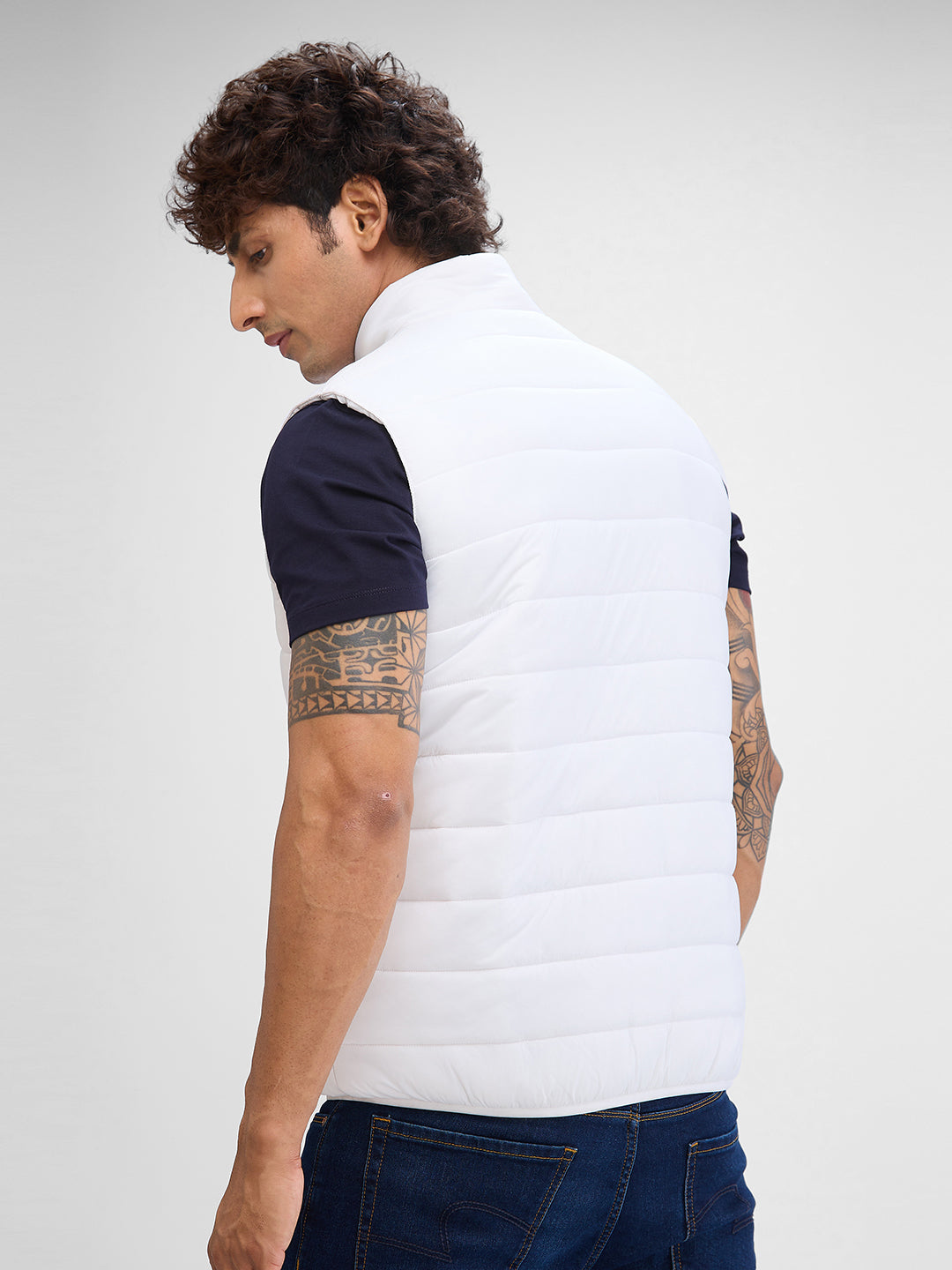 Spykar White Polyester Sleeveless Jacket For Men