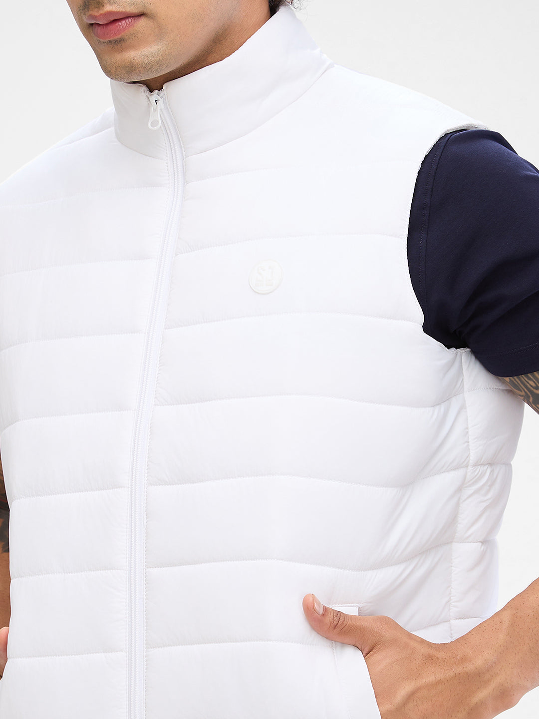 Spykar White Polyester Sleeveless Jacket For Men