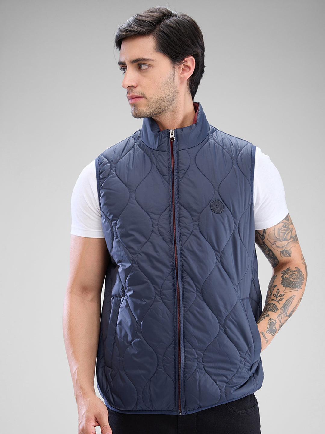 Spykar Navy Blue Polyester Sleeveless Jacket For Men