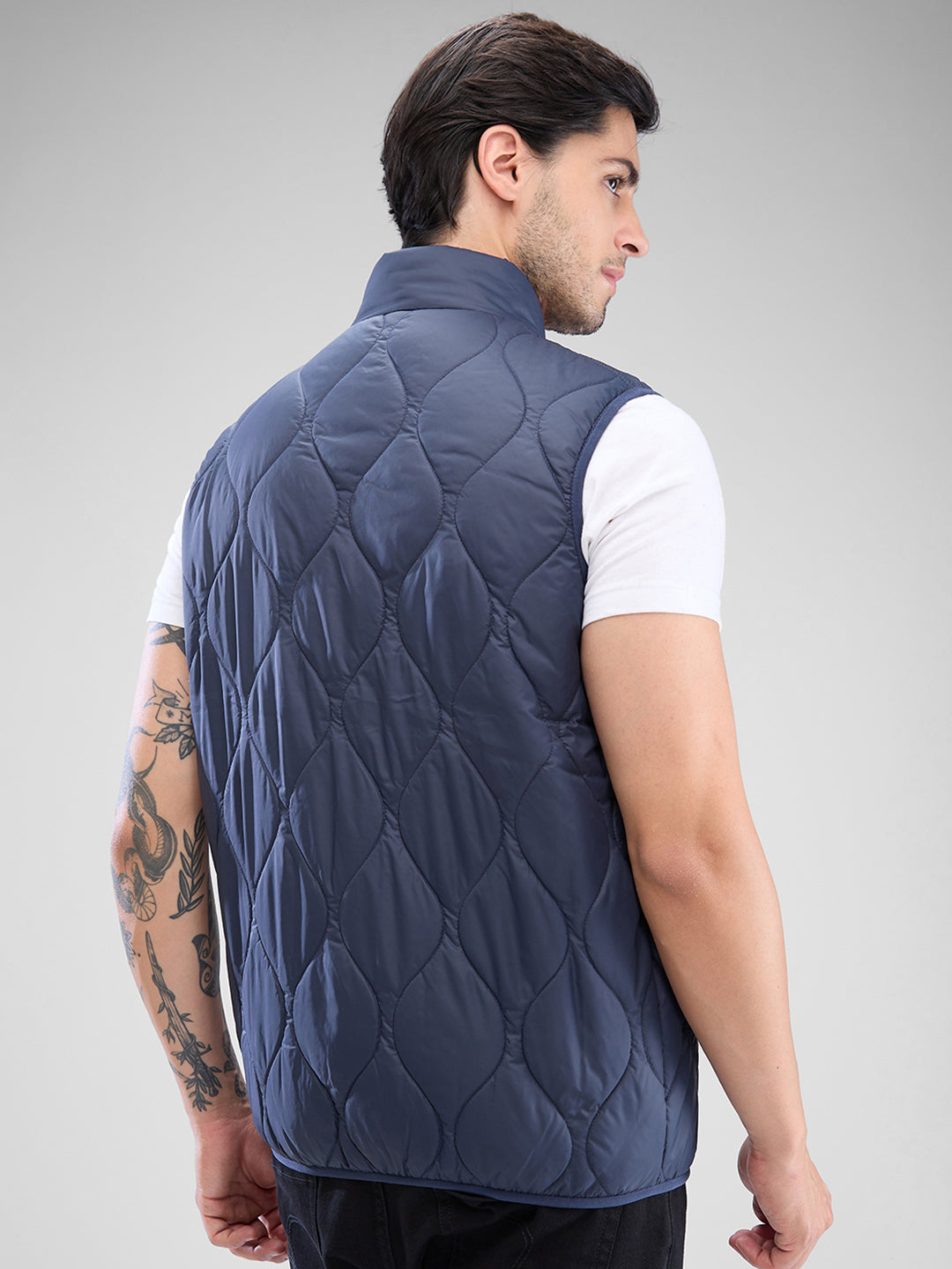 Spykar Navy Blue Polyester Sleeveless Jacket For Men