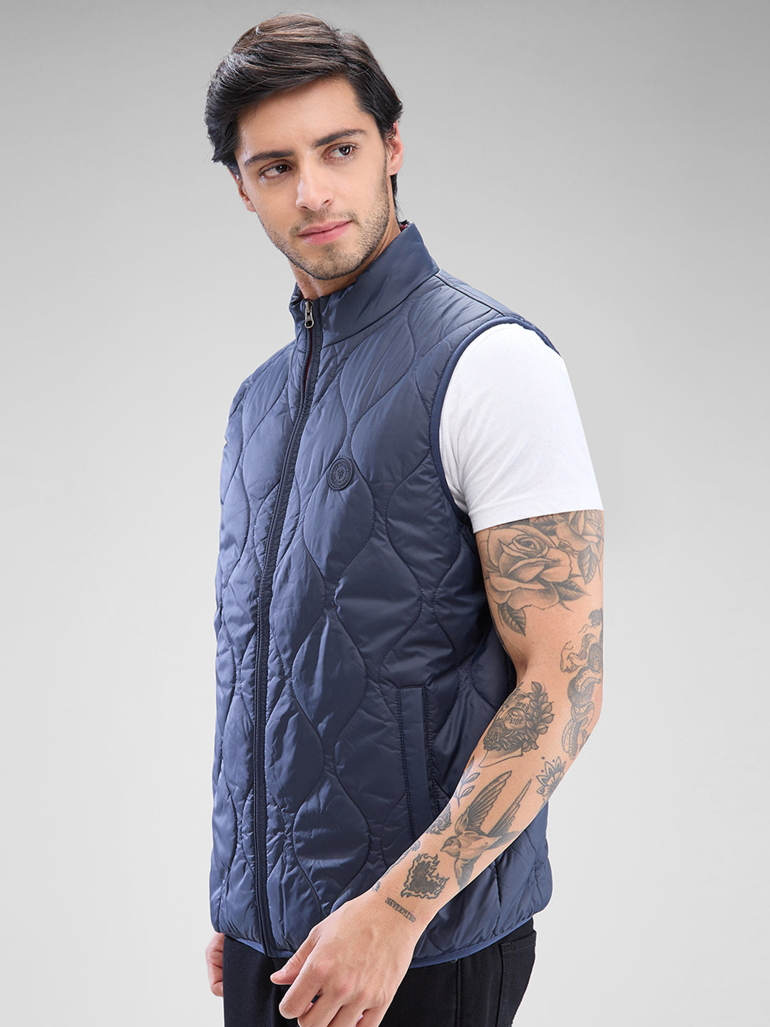 Spykar Navy Blue Polyester Sleeveless Jacket For Men