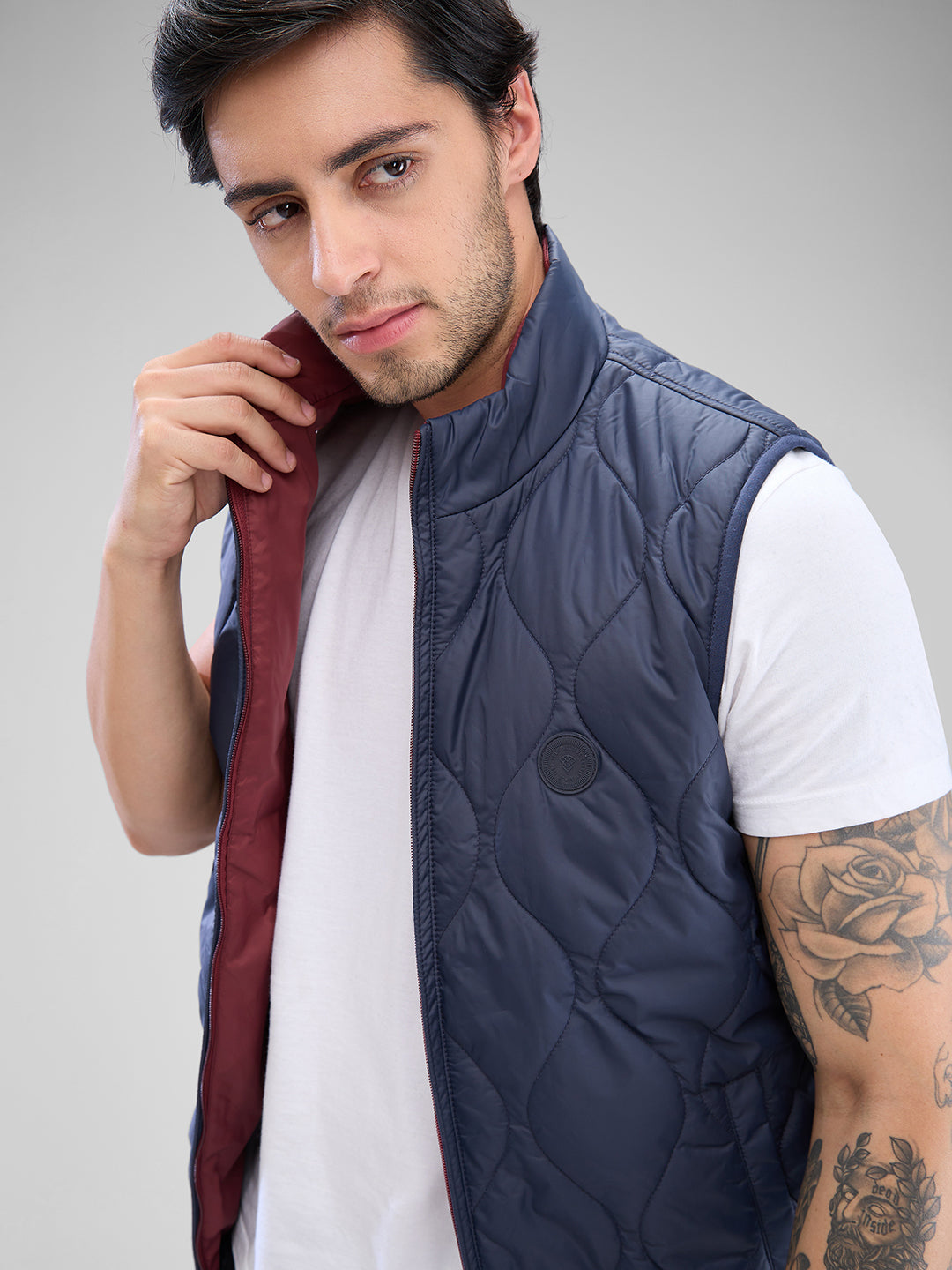 Spykar Navy Blue Polyester Sleeveless Jacket For Men