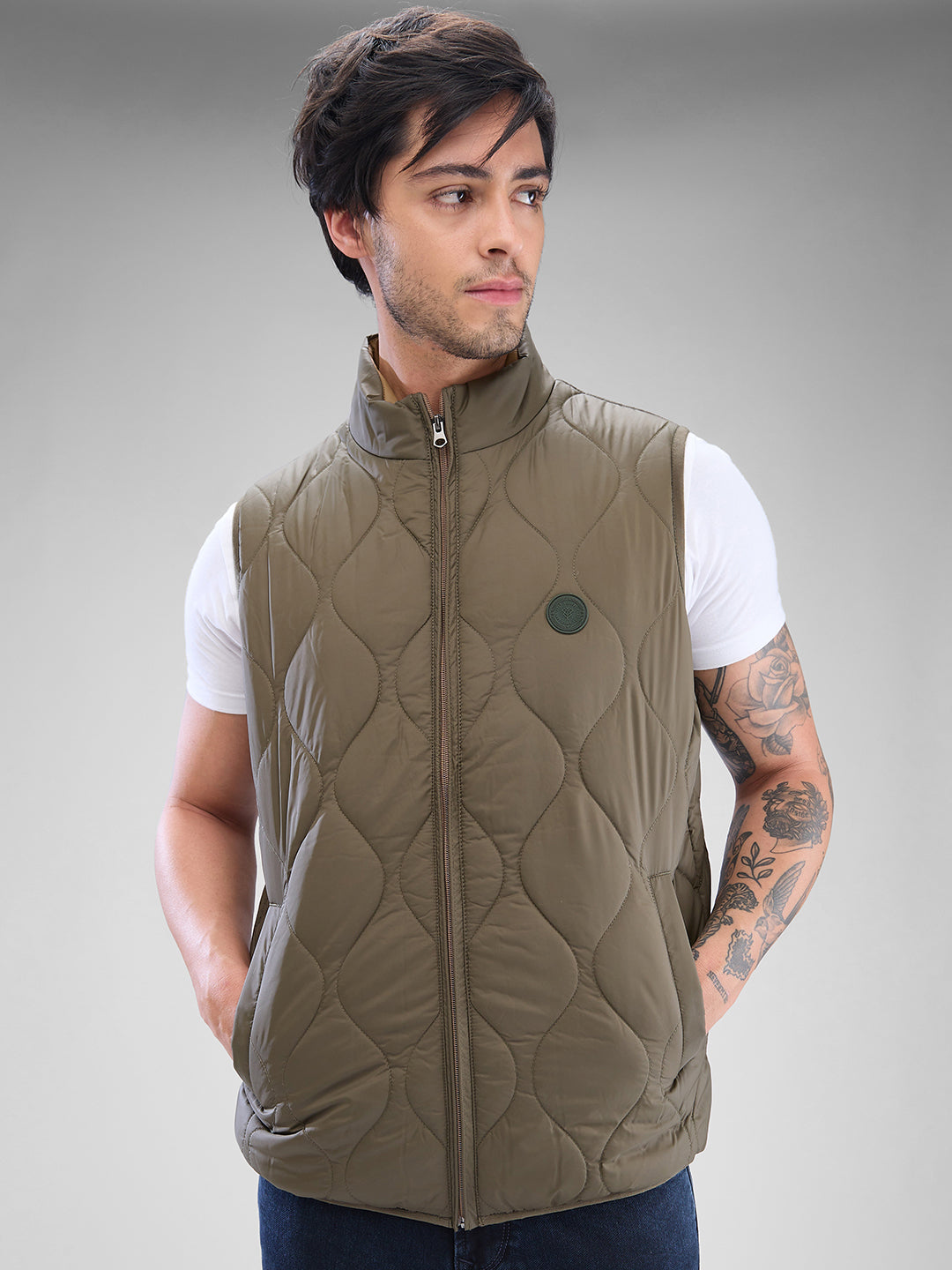 Spykar Olive Green Polyester Sleeveless Jacket For Men