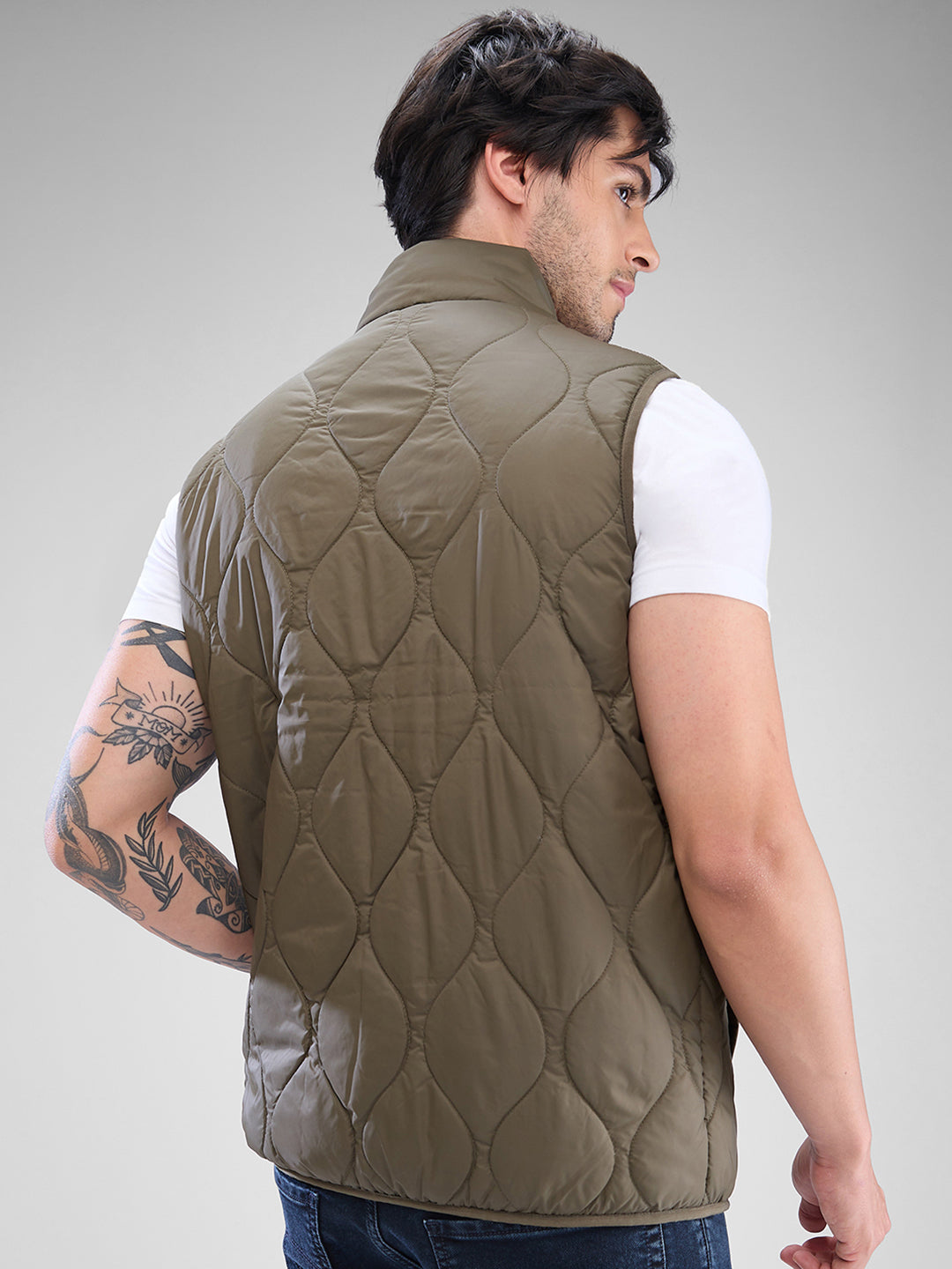 Spykar Olive Green Polyester Sleeveless Jacket For Men