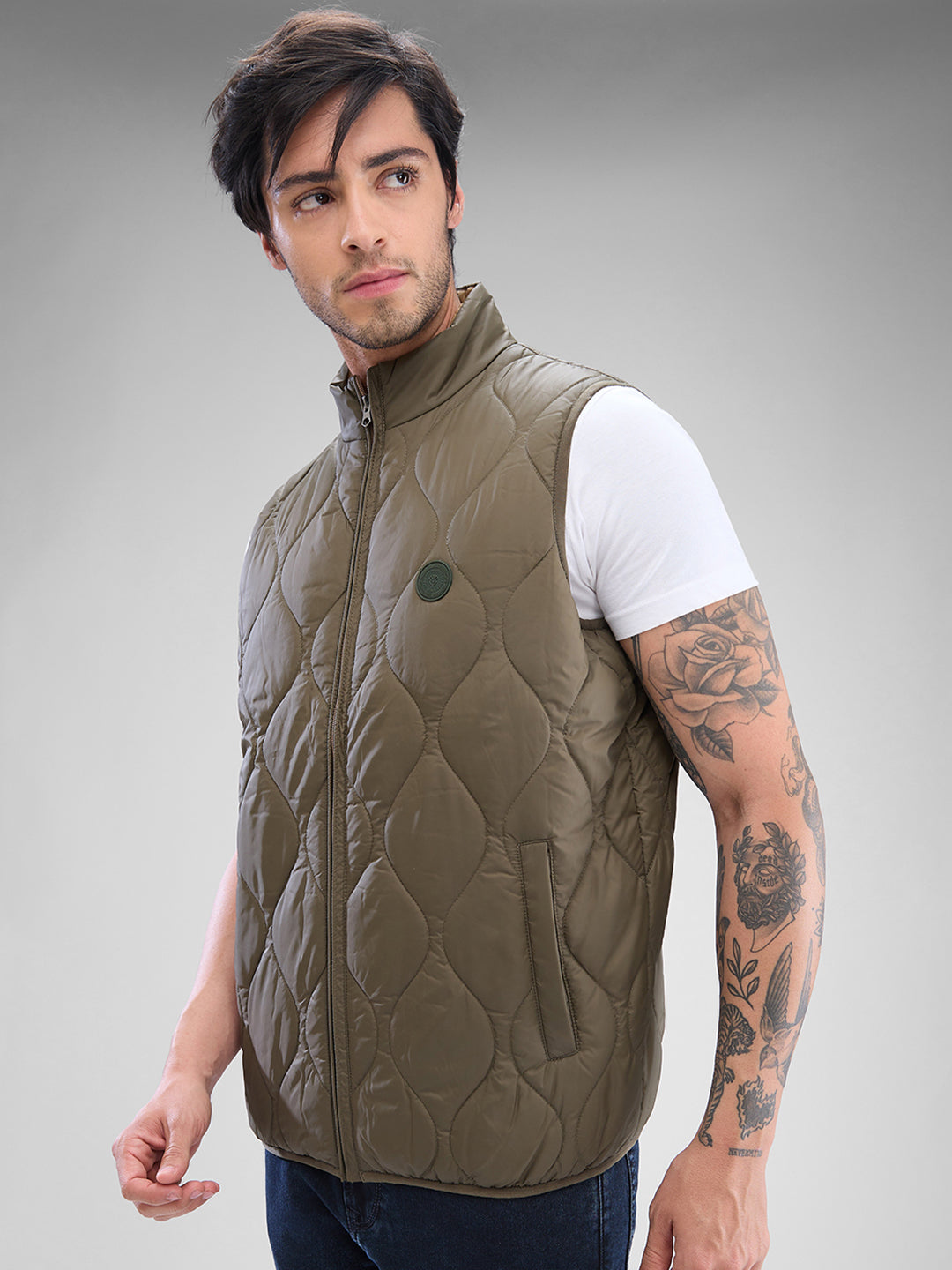 Spykar Olive Green Polyester Sleeveless Jacket For Men