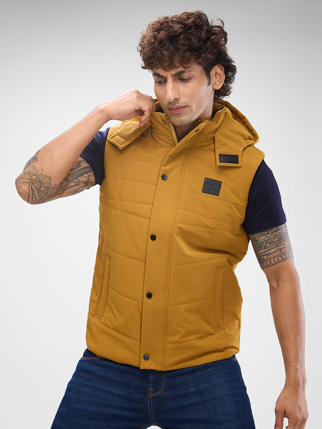 Spykar Mustard Yellow Polyester Sleeveless Jacket For Men