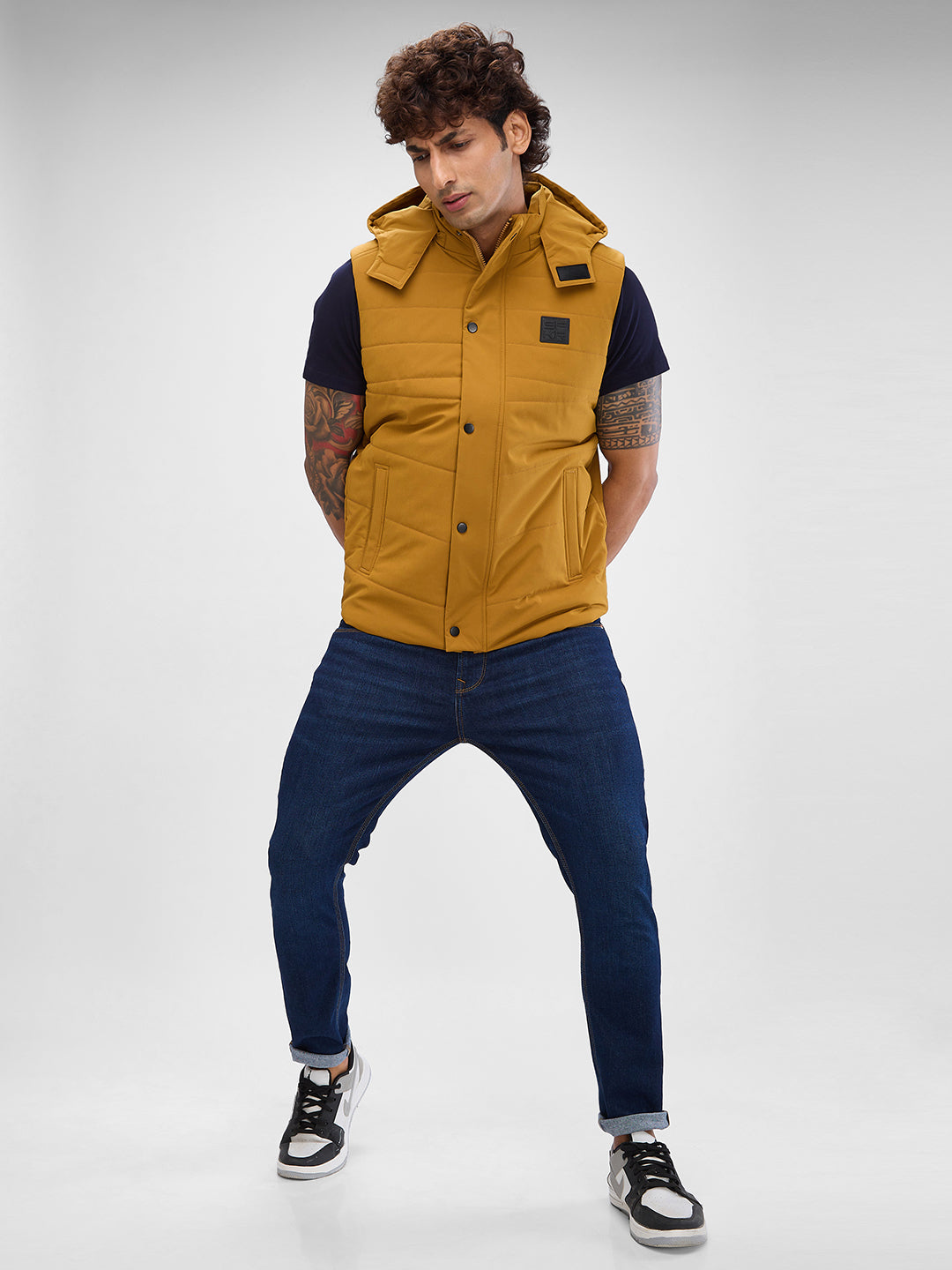 Spykar Mustard Yellow Polyester Sleeveless Jacket For Men