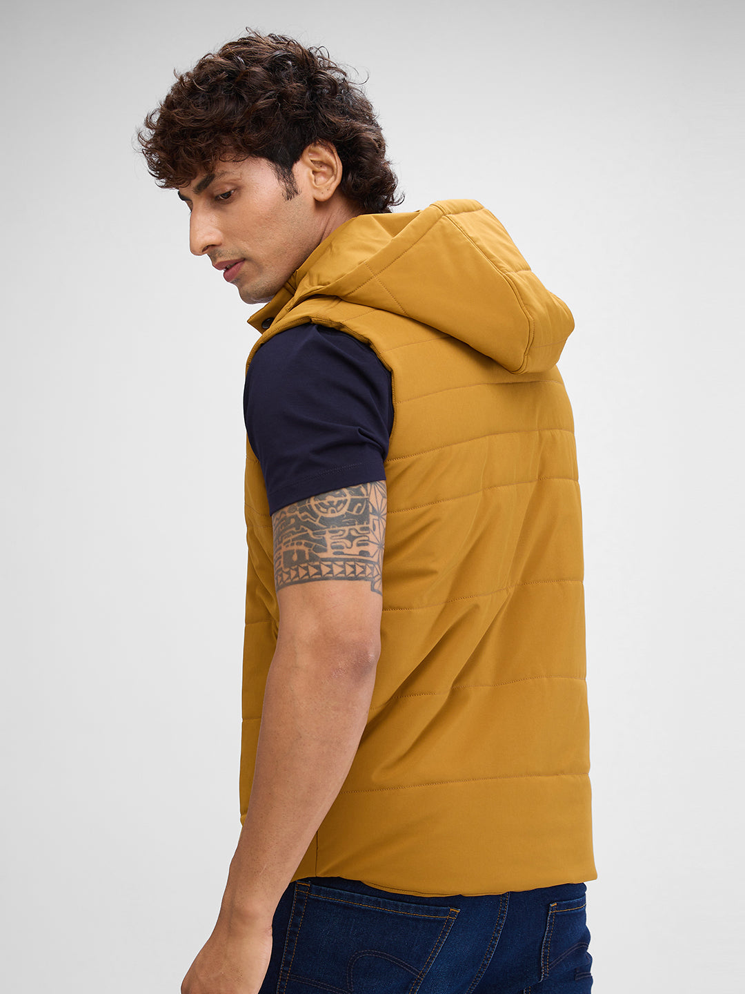 Spykar Mustard Yellow Polyester Sleeveless Jacket For Men