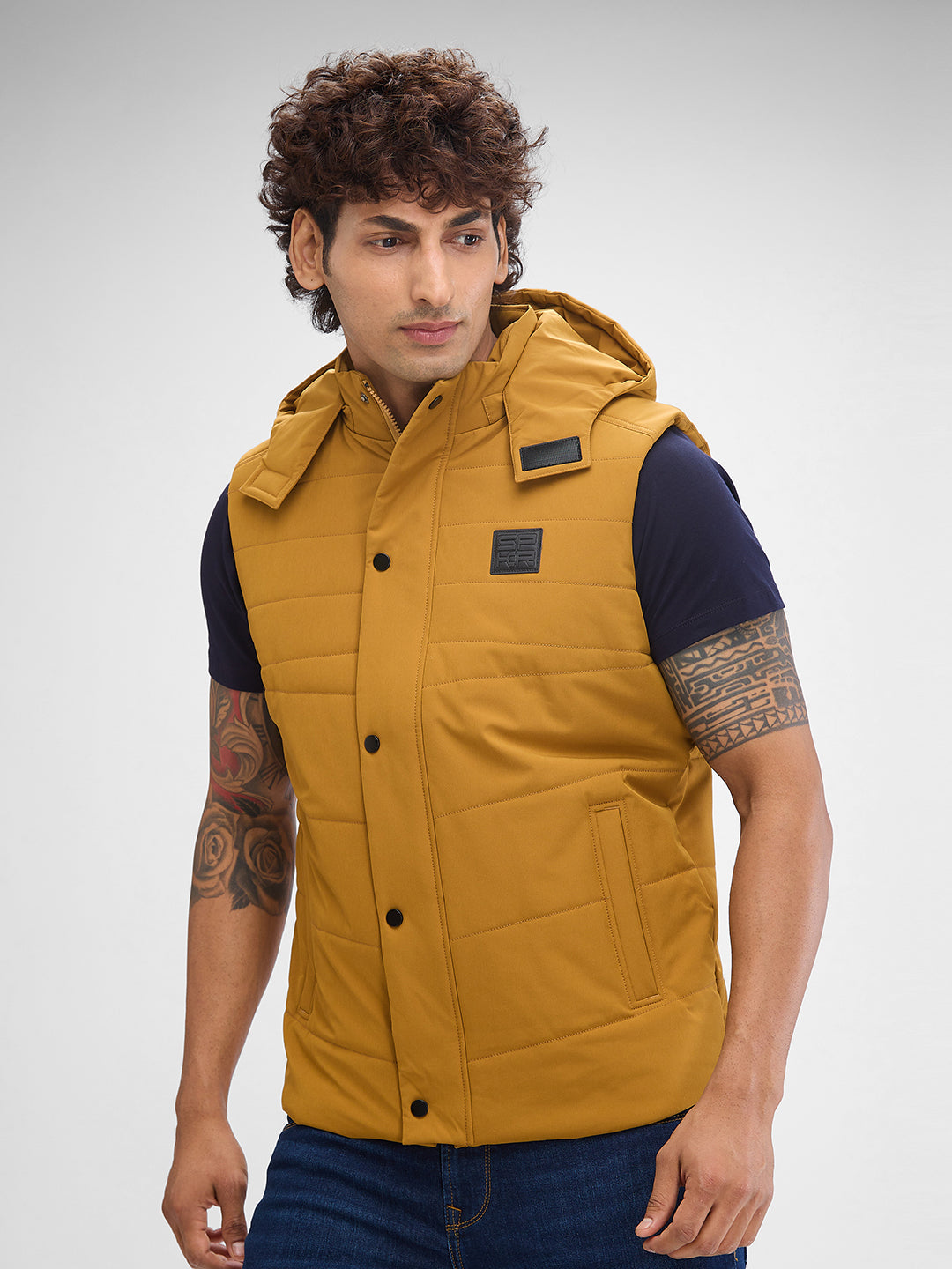 Spykar Mustard Yellow Polyester Sleeveless Jacket For Men