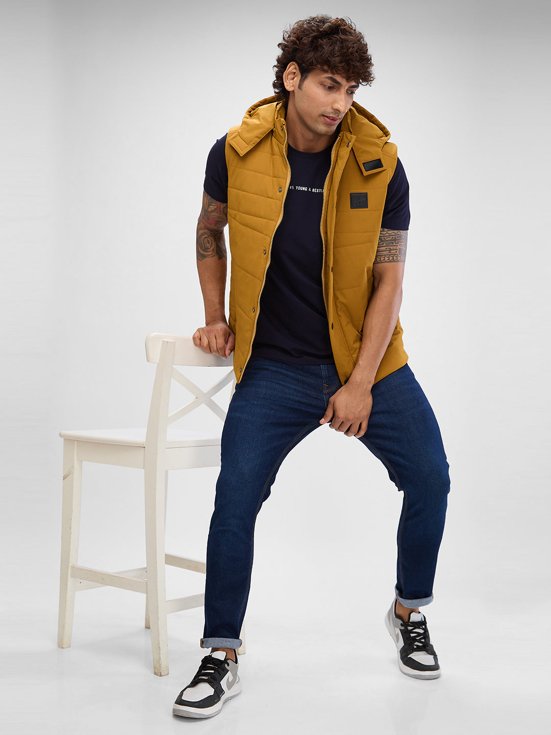 Spykar Mustard Yellow Polyester Sleeveless Jacket For Men