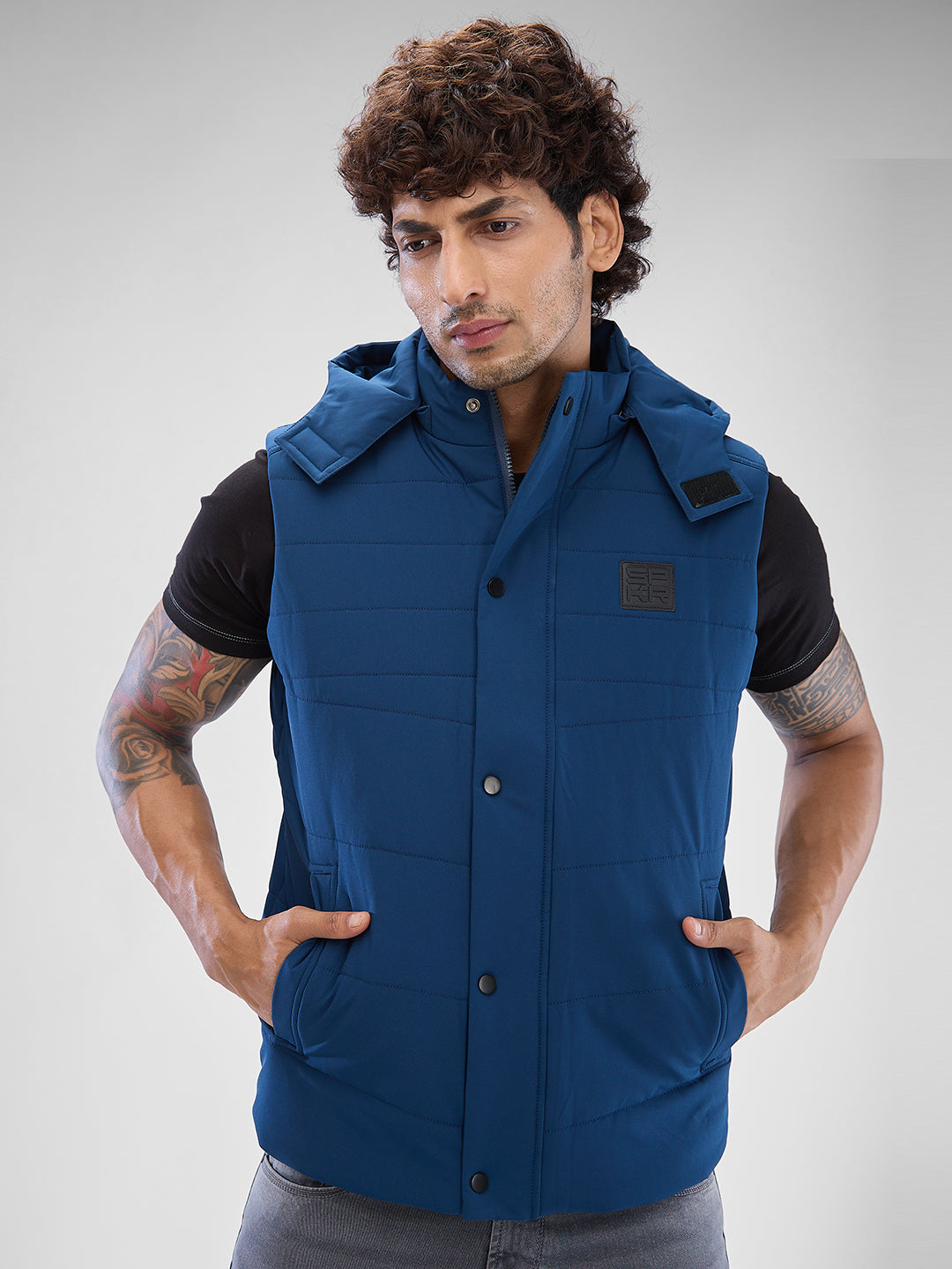 Spykar Teal Blue Polyester Sleeveless Jacket For Men