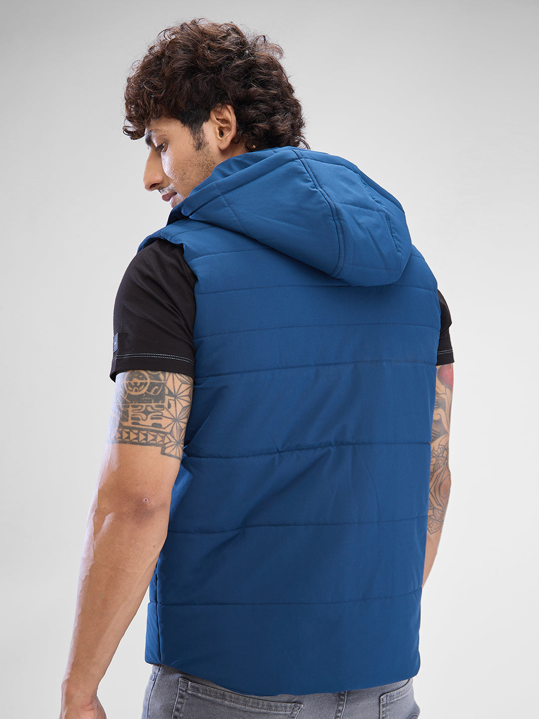 Spykar Teal Blue Polyester Sleeveless Jacket For Men