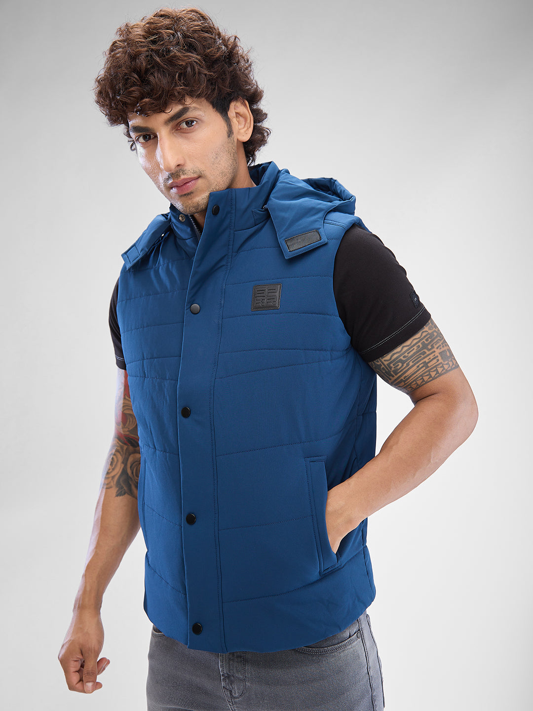 Spykar Teal Blue Polyester Sleeveless Jacket For Men