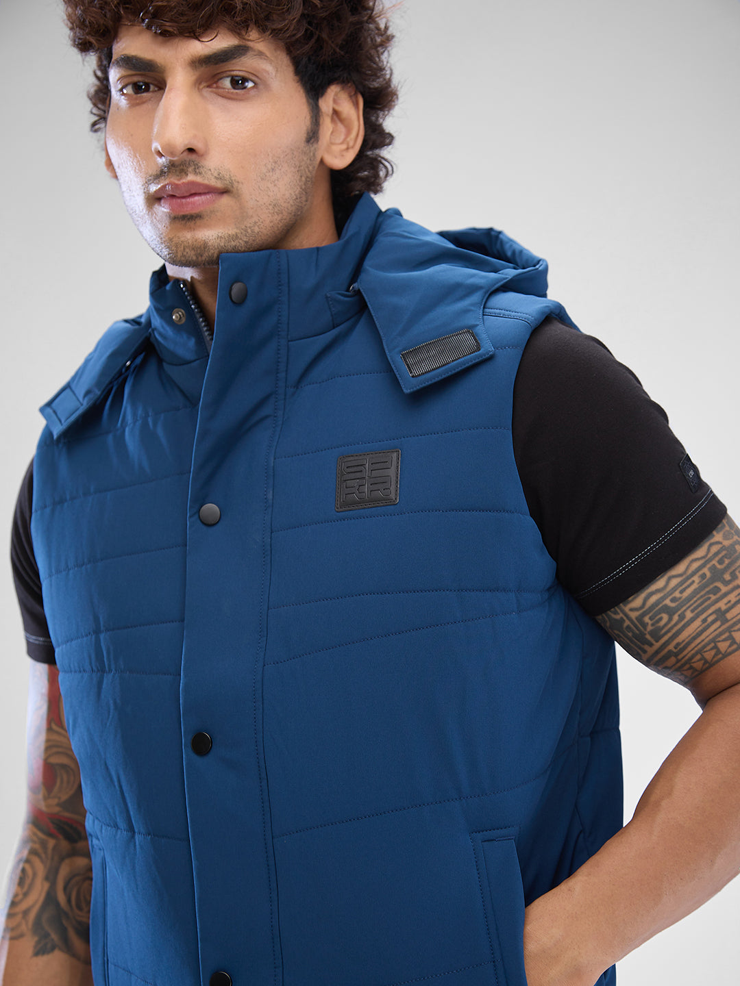 Spykar Teal Blue Polyester Sleeveless Jacket For Men