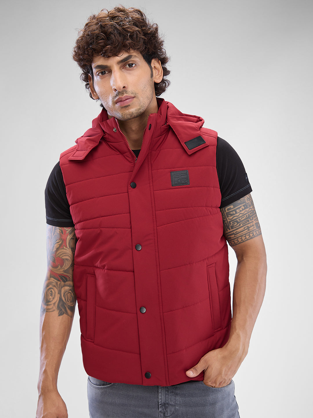 Spykar Wine Red Polyester Sleeveless Jacket For Men