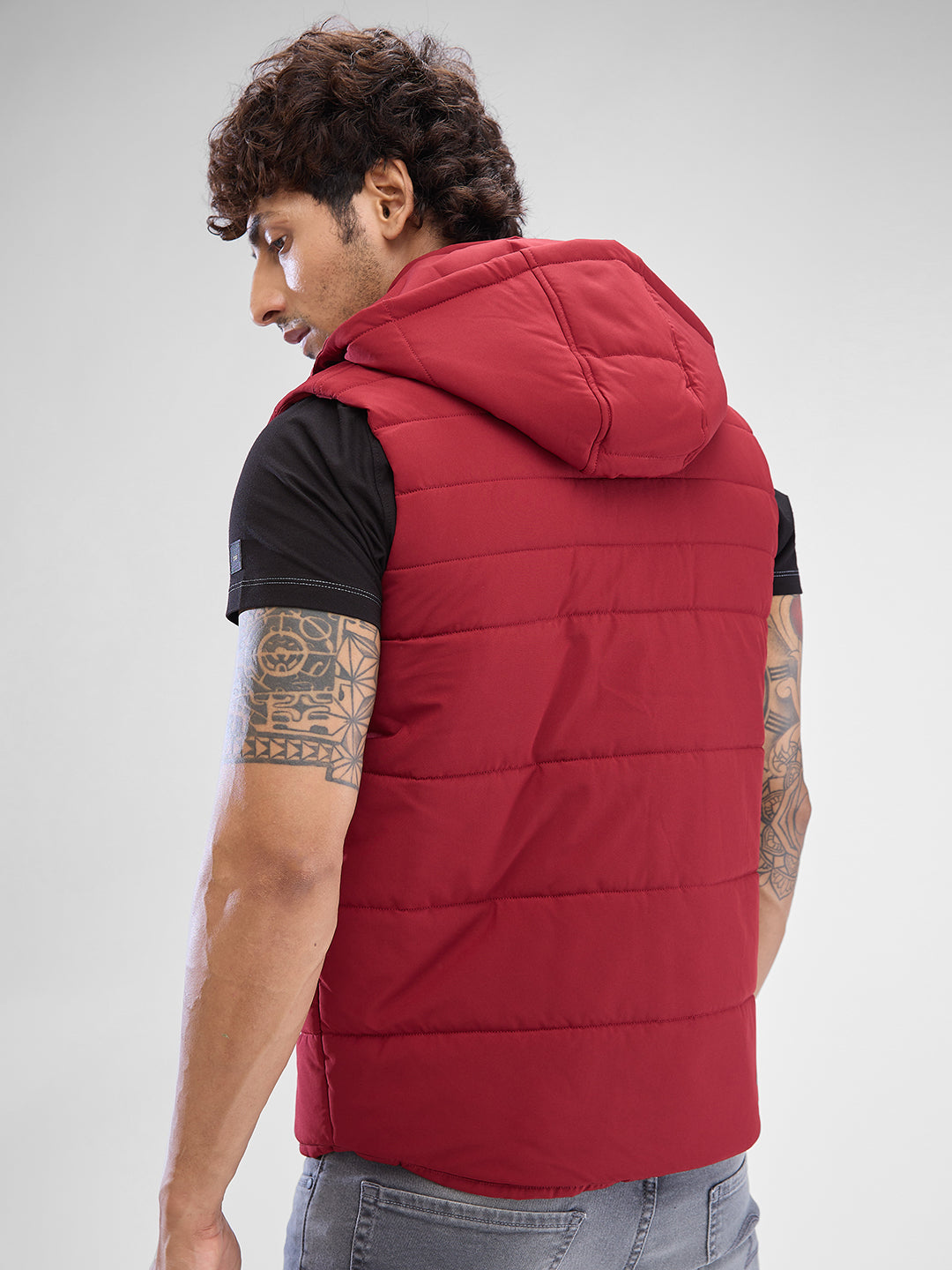 Spykar Wine Red Polyester Sleeveless Jacket For Men