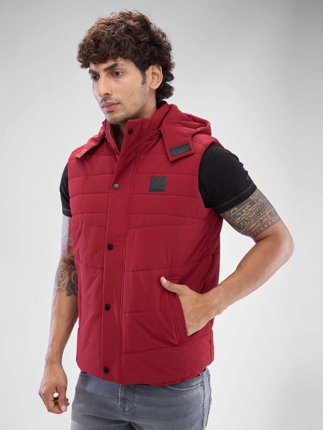 Spykar Wine Red Polyester Sleeveless Jacket For Men