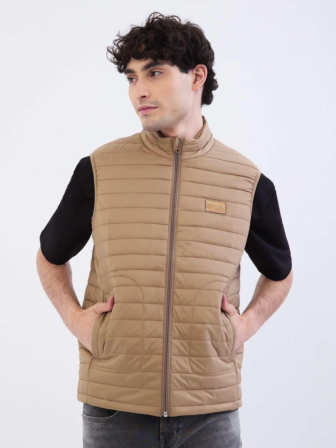 Men Jacket Khaki Straight Fit