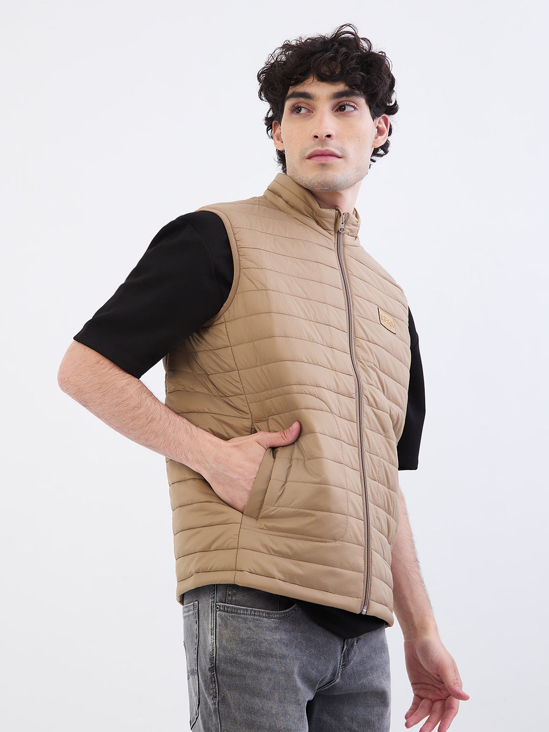 Men Jacket Khaki Straight Fit