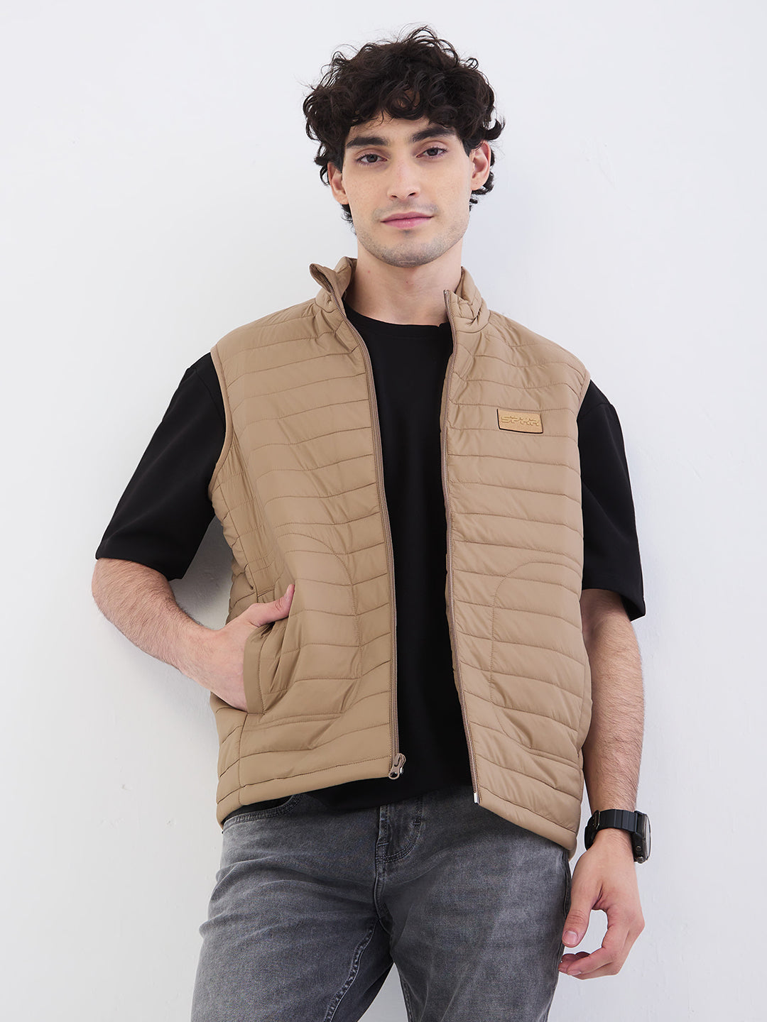 Men Jacket Khaki Straight Fit