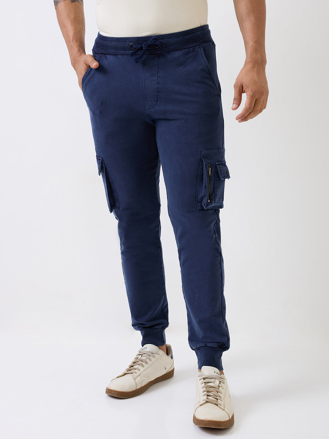 Spykar Navy Blue Mid Rise Jogger Fit Casual Knit Track Pants For Men