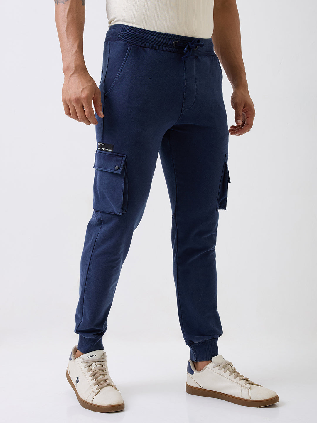 Spykar Navy Blue Mid Rise Jogger Fit Casual Knit Track Pants For Men