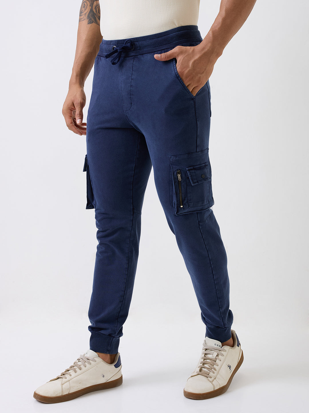 Spykar Navy Blue Mid Rise Jogger Fit Casual Knit Track Pants For Men