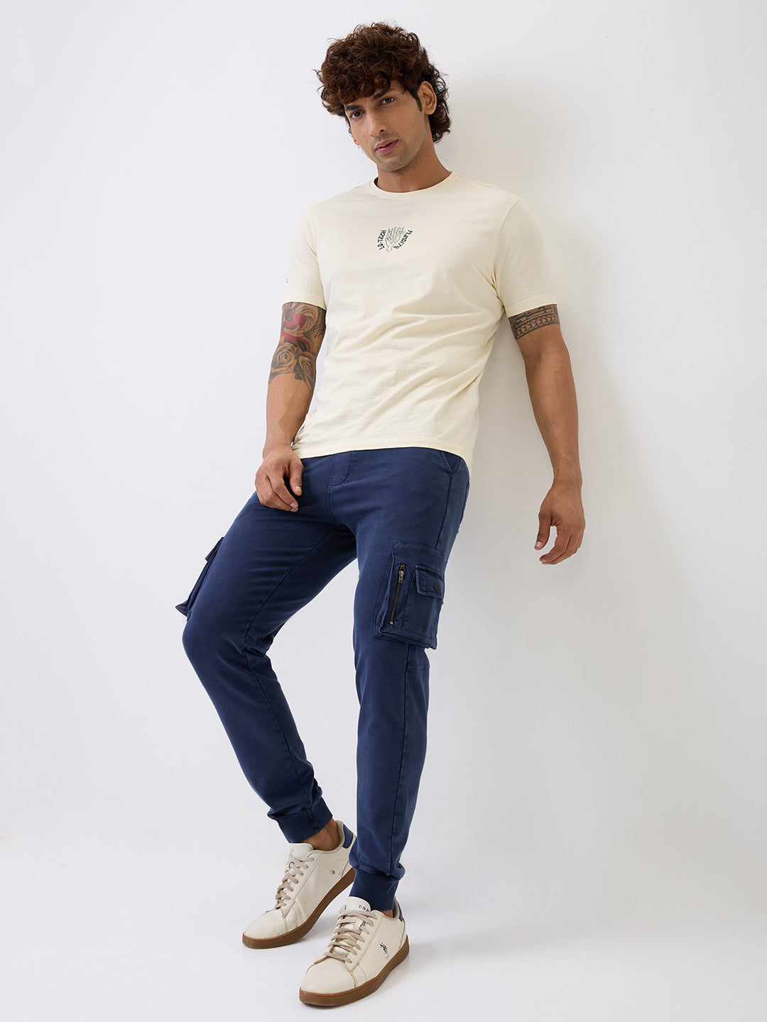 Spykar Navy Blue Mid Rise Jogger Fit Casual Knit Track Pants For Men