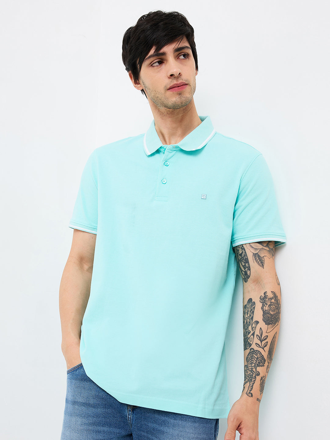 Spykar Blue Slim Fit Solid Half Sleeve T-Shirt For Men