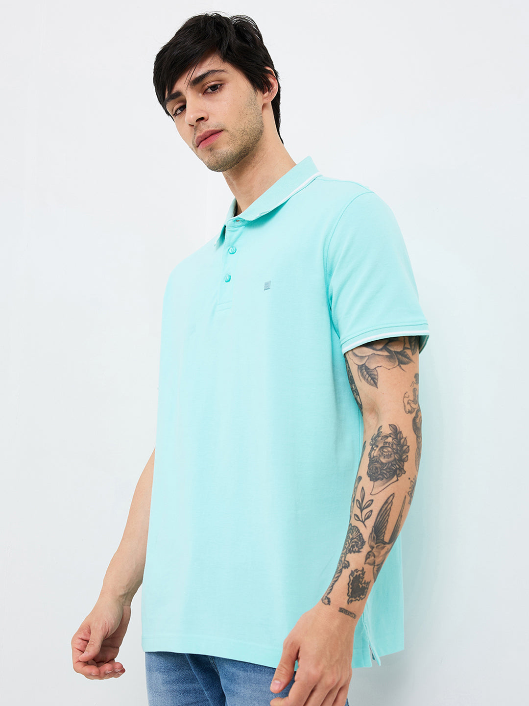 Spykar Blue Slim Fit Solid Half Sleeve T-Shirt For Men