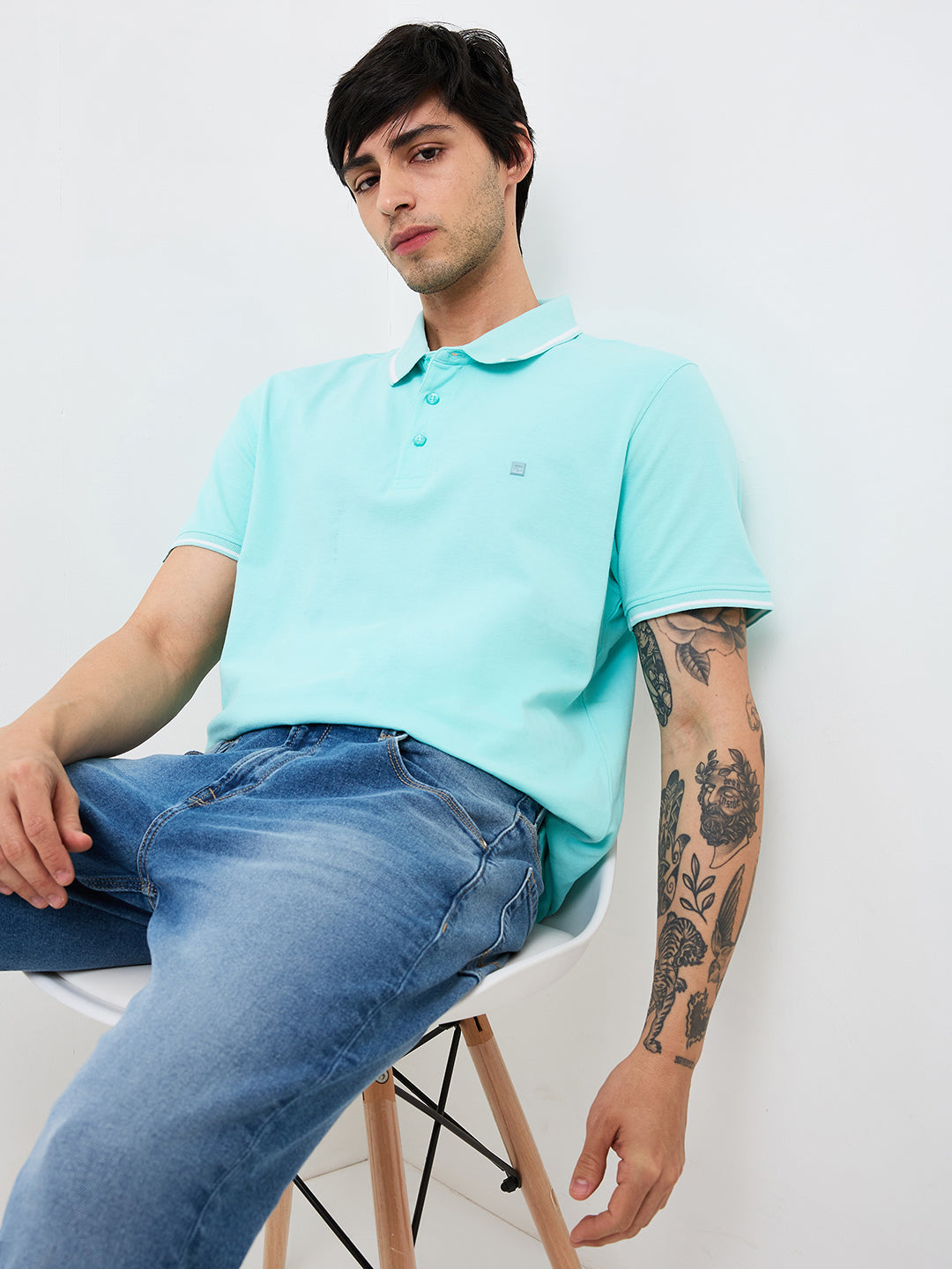 Spykar Blue Slim Fit Solid Half Sleeve T-Shirt For Men