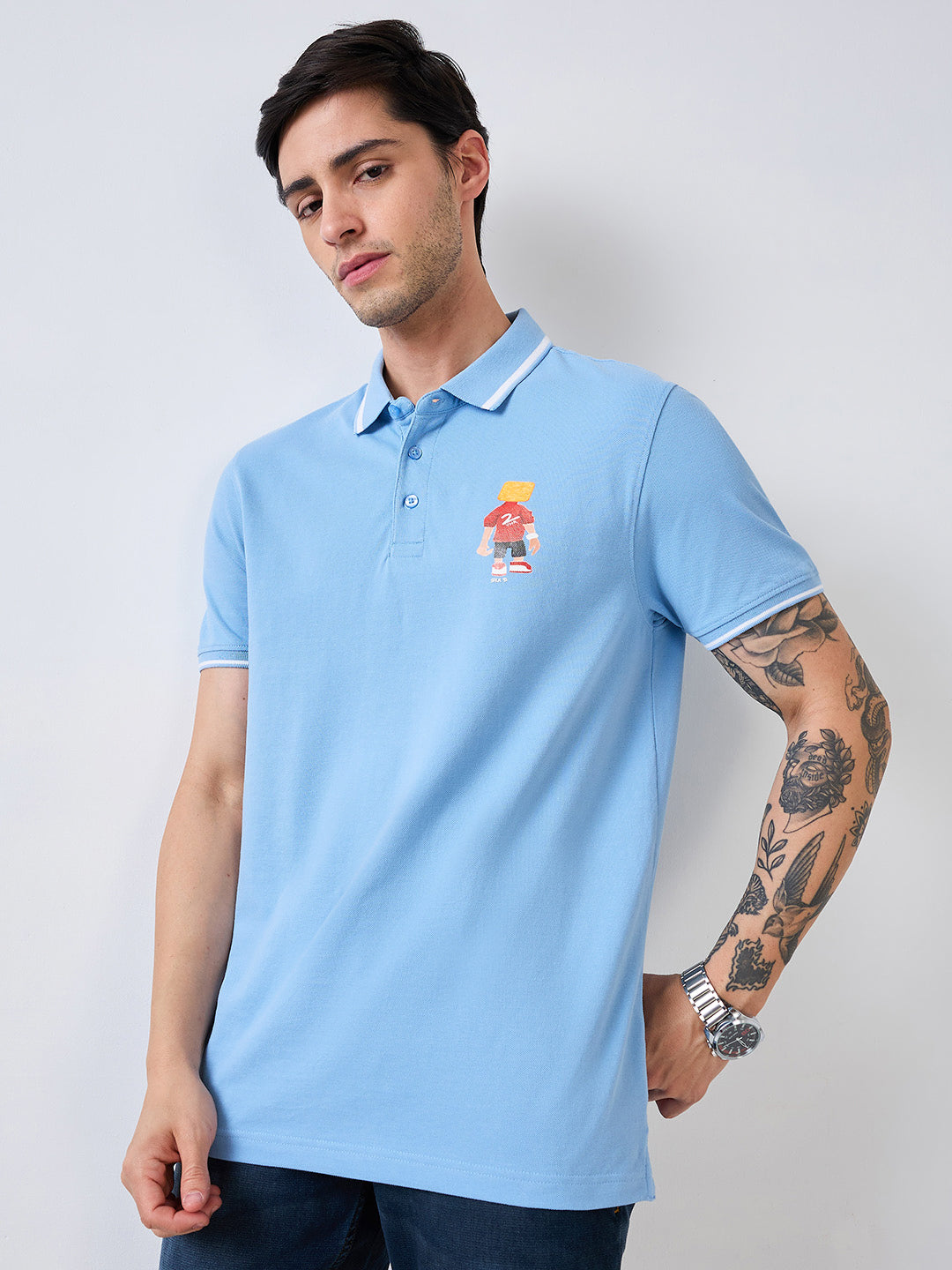 Spykar Blue Half Sleeves Slim Fit Solid T-Shirt For Men