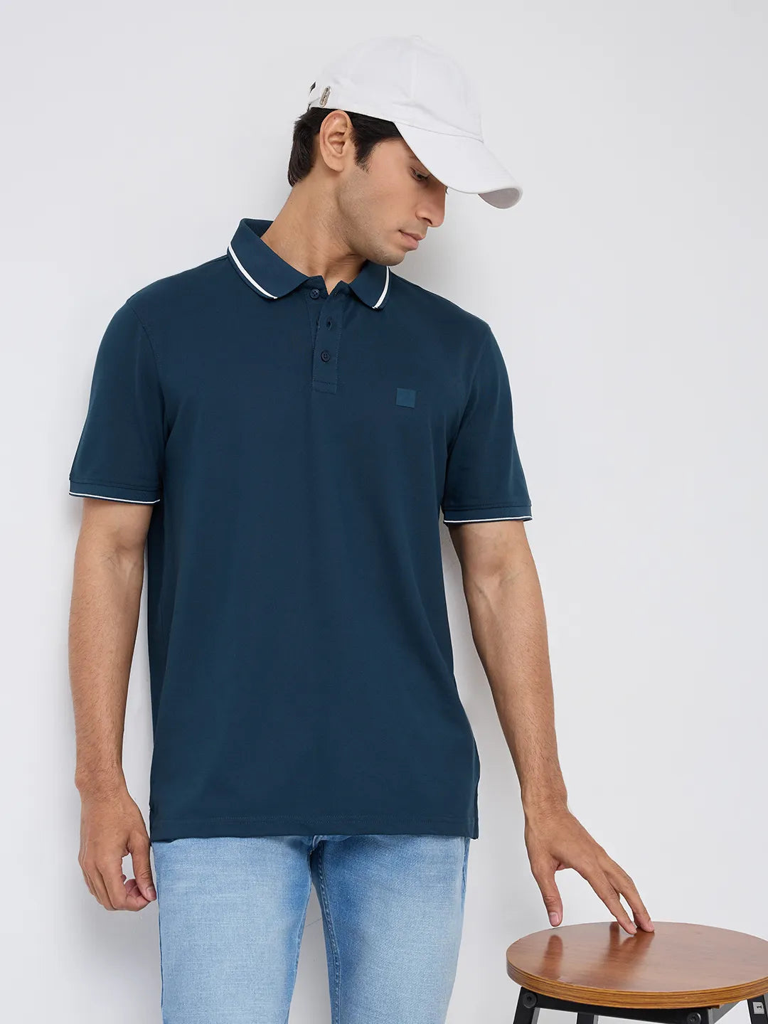 Men T-Shirt Solid Teal Blue Regular Fit