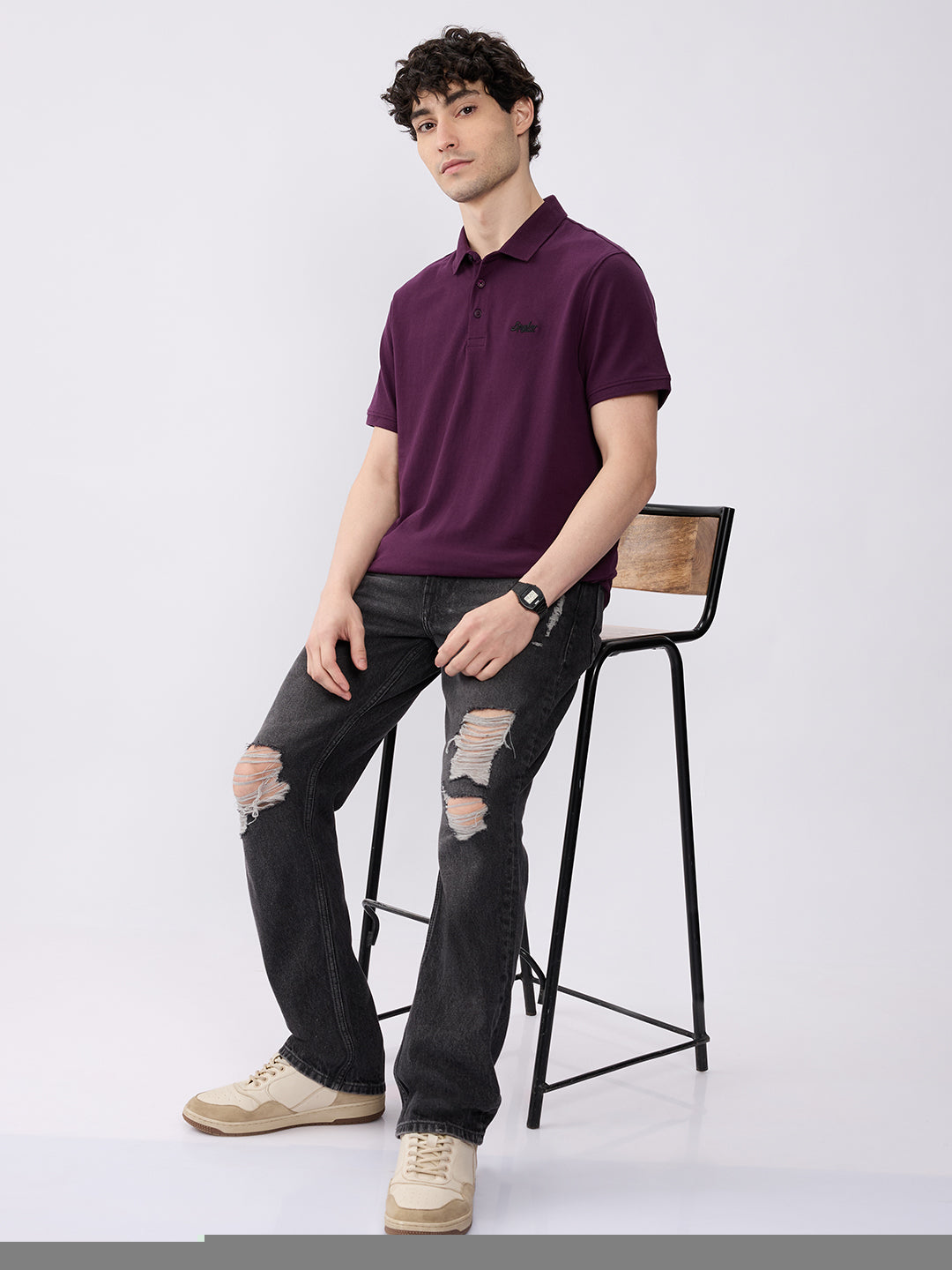 Spykar Blackberry Wine Slim Fit Casual T-Shirts For Men