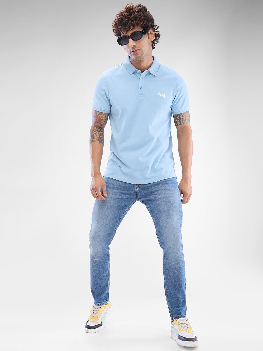 Spykar Dusty Sky Blue Cotton Half Sleeve T-Shirt For Men