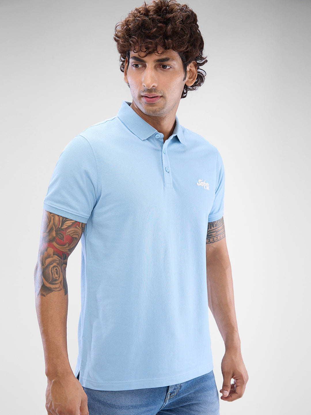 Spykar Dusty Sky Blue Cotton Half Sleeve T-Shirt For Men