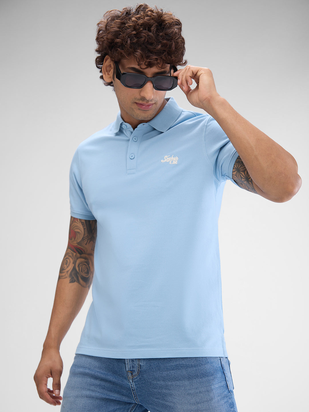 Spykar Dusty Sky Blue Cotton Half Sleeve T-Shirt For Men