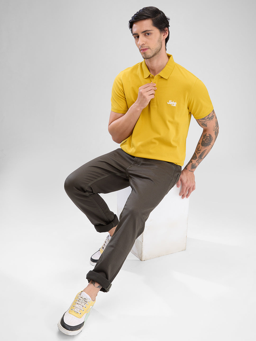 Spykar Sulphur Yellow Cotton Half Sleeve T-Shirt For Men