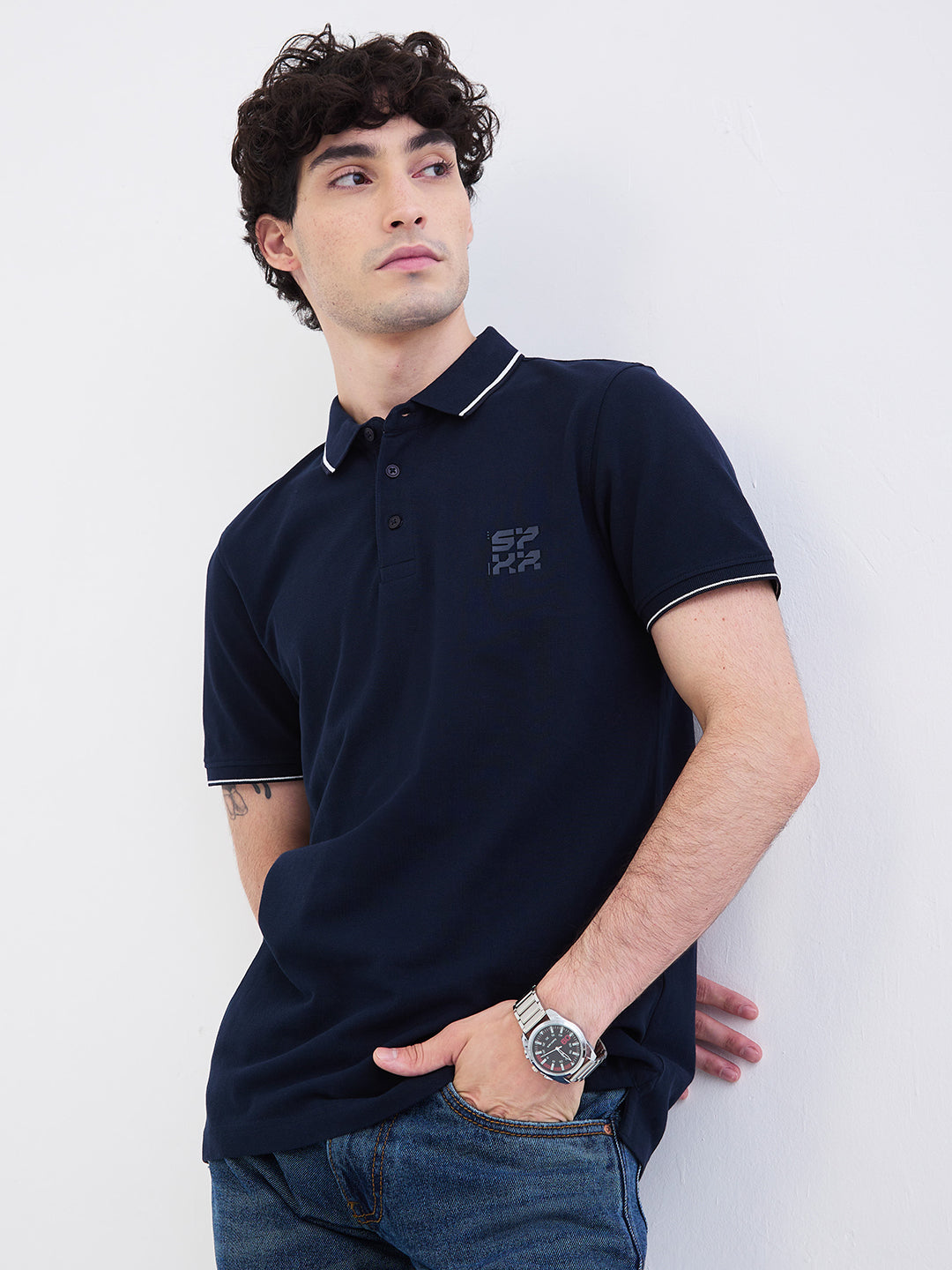 Spykar Navy Blue Slim Fit Casual T-Shirt For Men