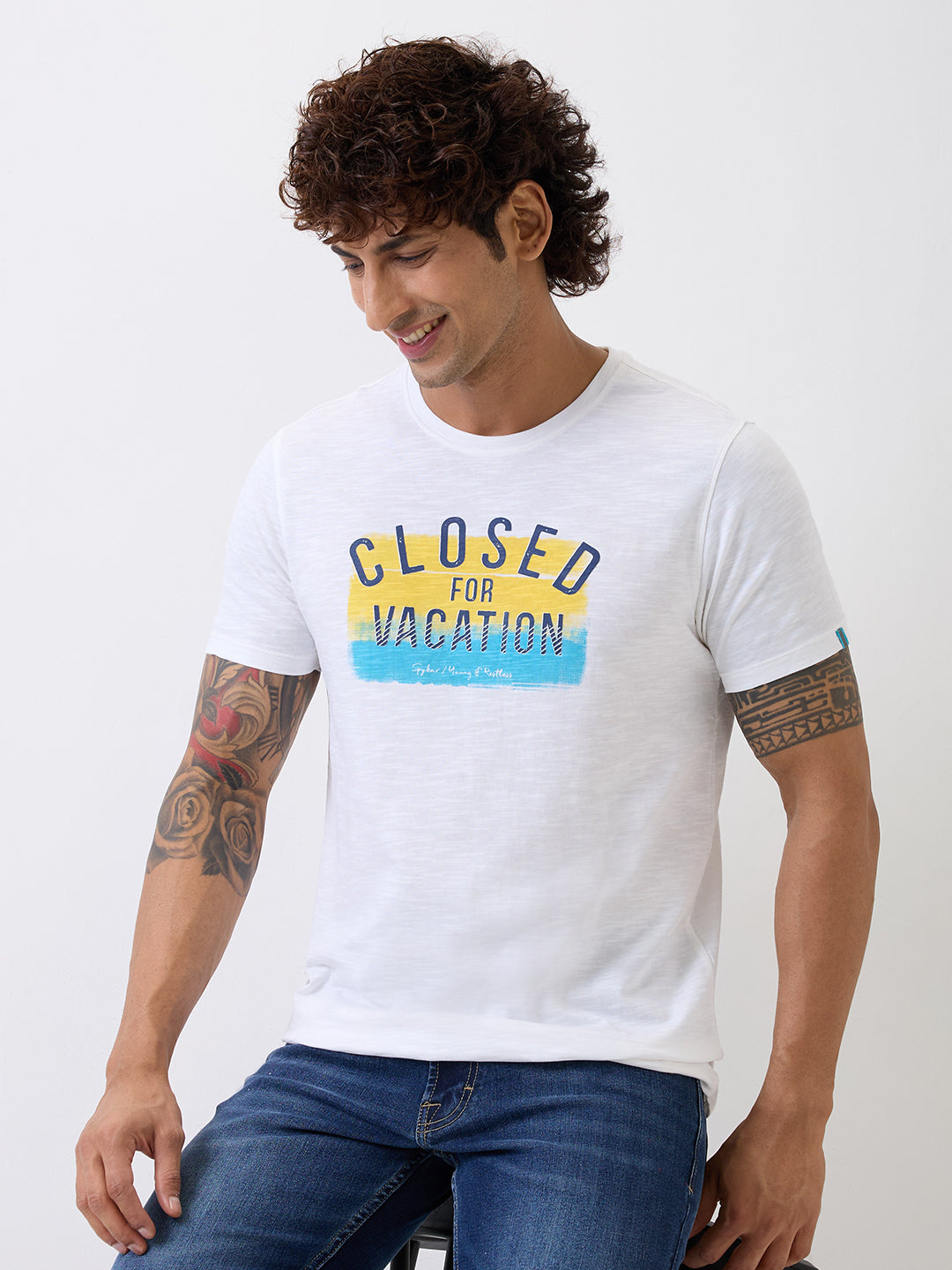 Spykar White Slim Fit Casual T-Shirts For Men