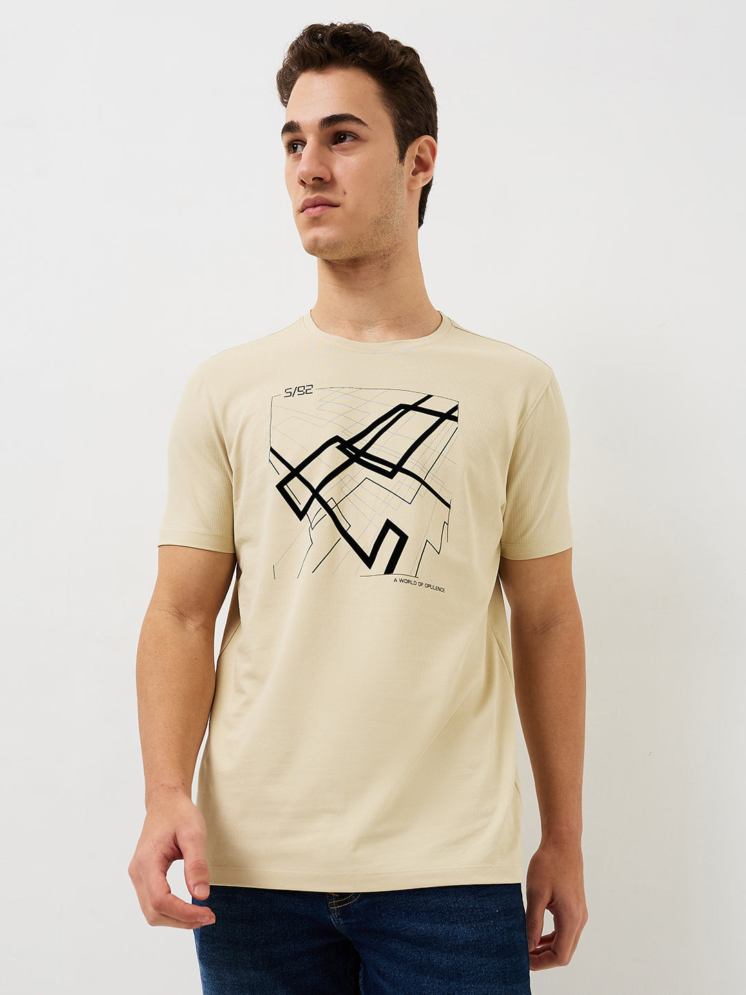 Men T-Shirt Solid Beige Slim Fit