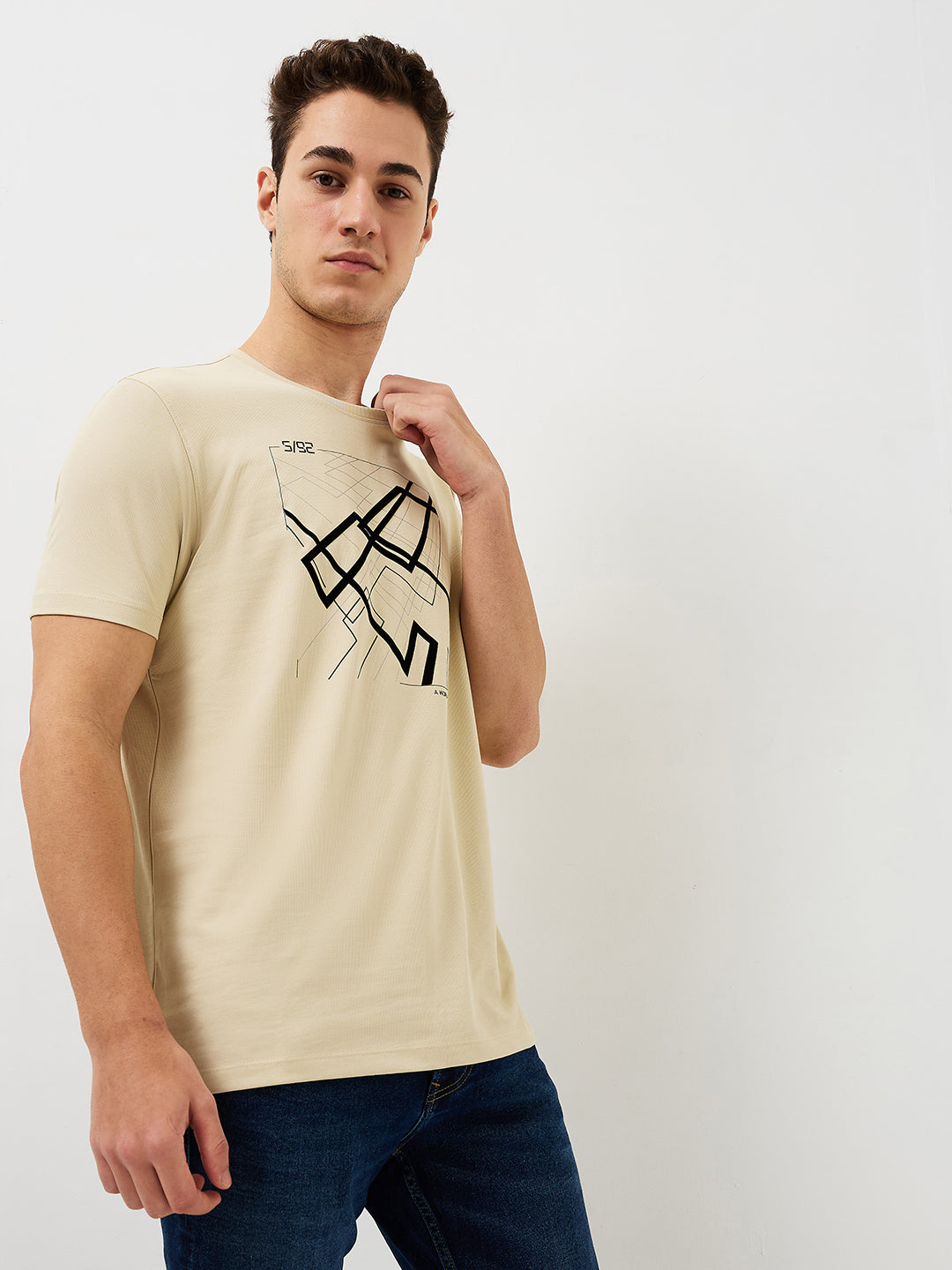 Men T-Shirt Solid Beige Slim Fit