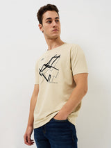 Men T-Shirt Solid Beige Slim Fit
