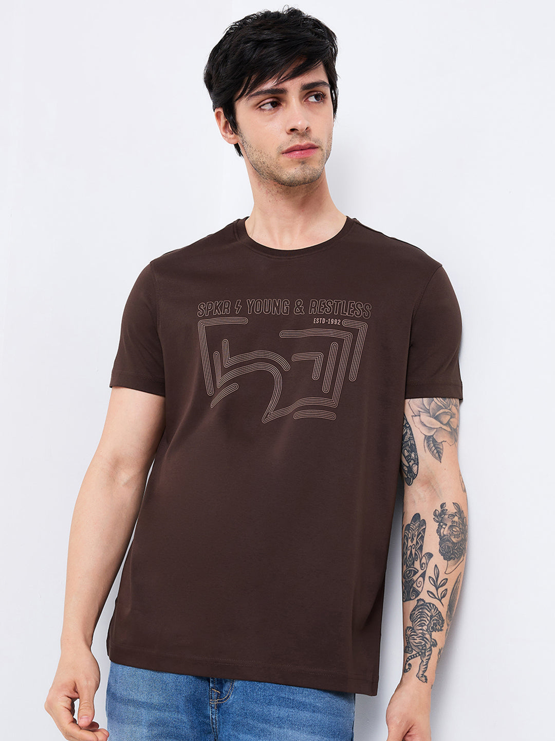 Spykar Brown Slim Fit Solid Half Sleeve T-Shirt For Men