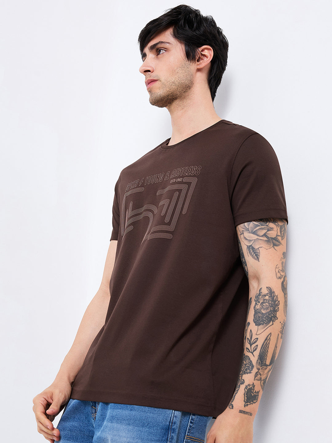 Spykar Brown Slim Fit Solid Half Sleeve T-Shirt For Men