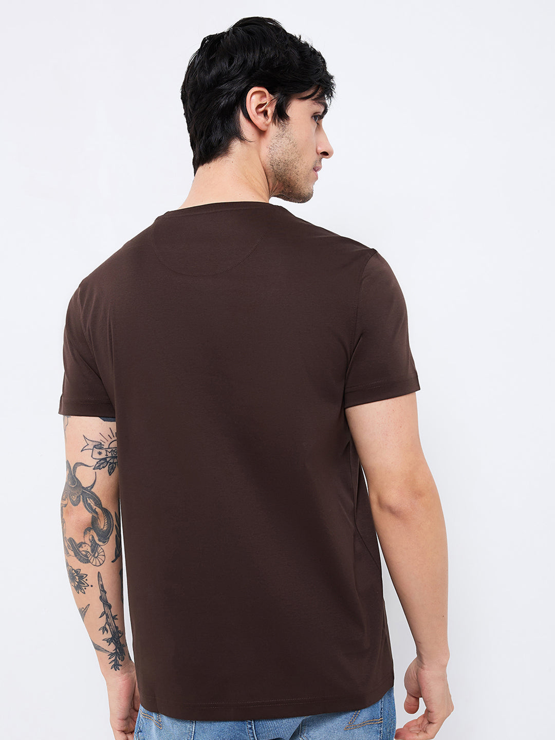 Spykar Brown Slim Fit Solid Half Sleeve T-Shirt For Men