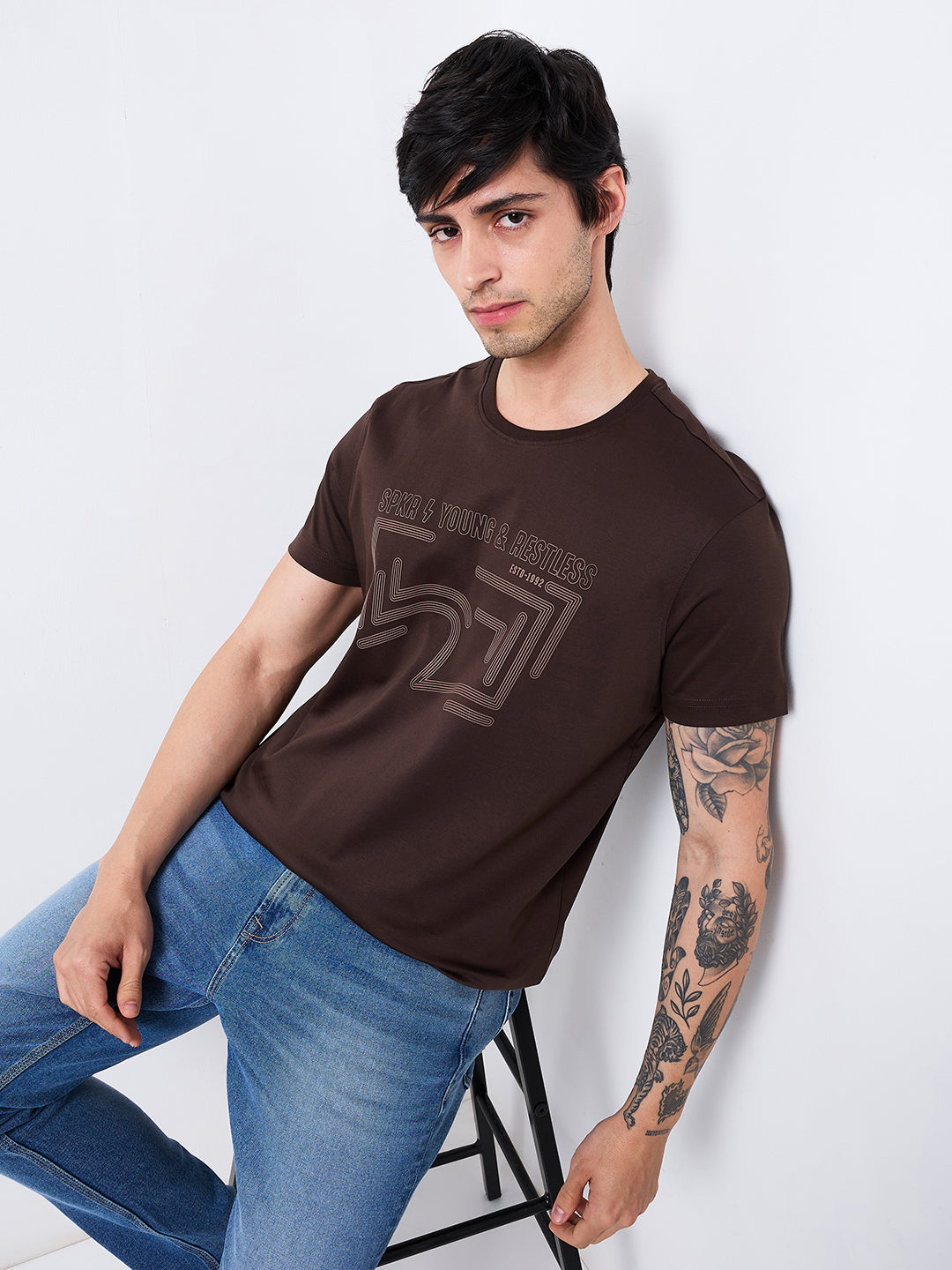 Spykar Brown Slim Fit Solid Half Sleeve T-Shirt For Men