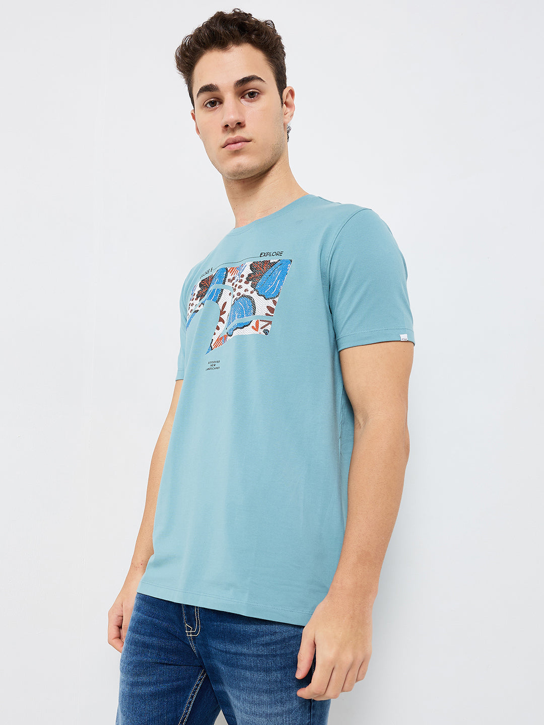 Spykar Blue Slim Fit Solid Half Sleeve T-Shirt For Men