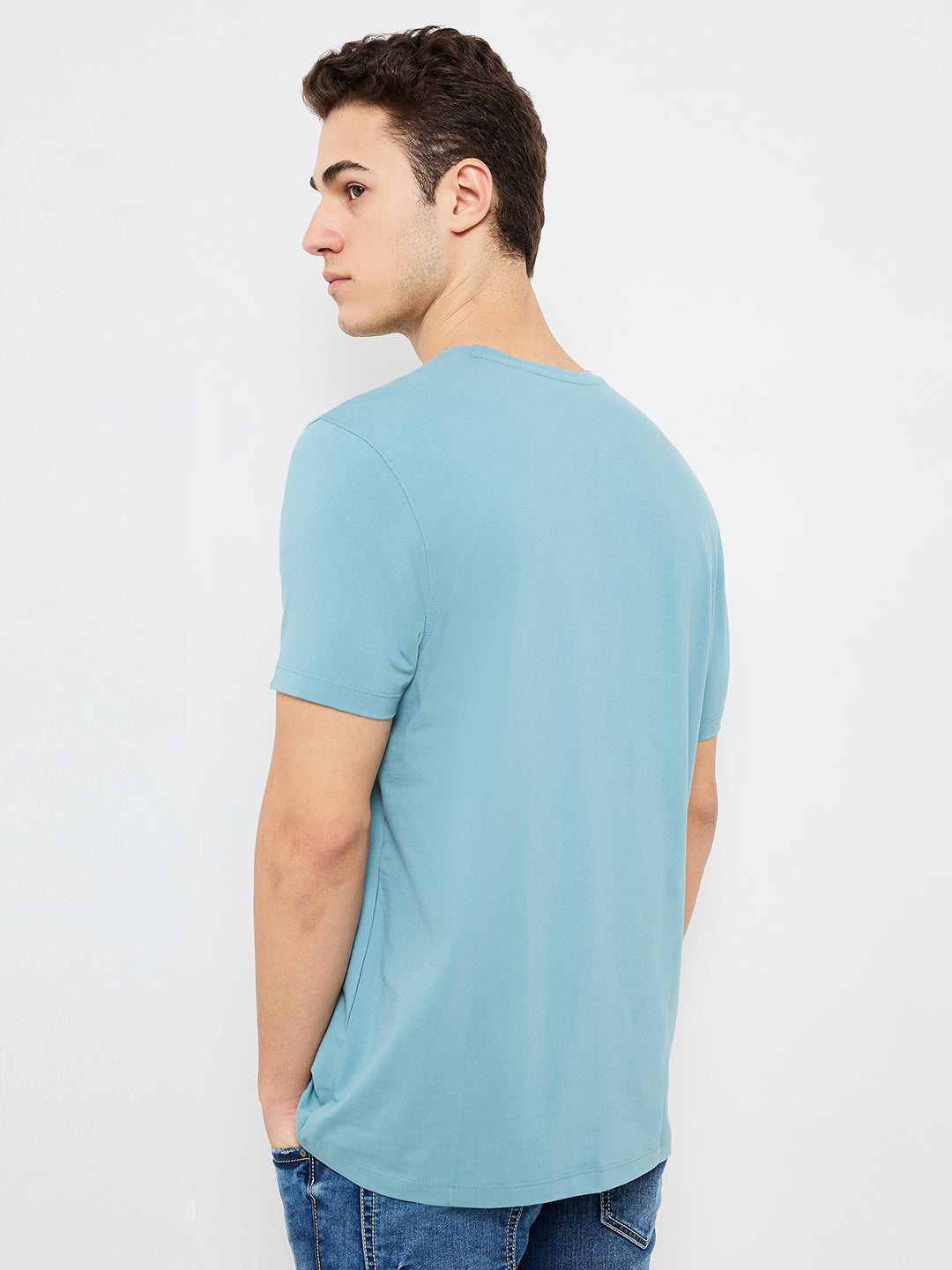 Spykar Blue Slim Fit Solid Half Sleeve T-Shirt For Men